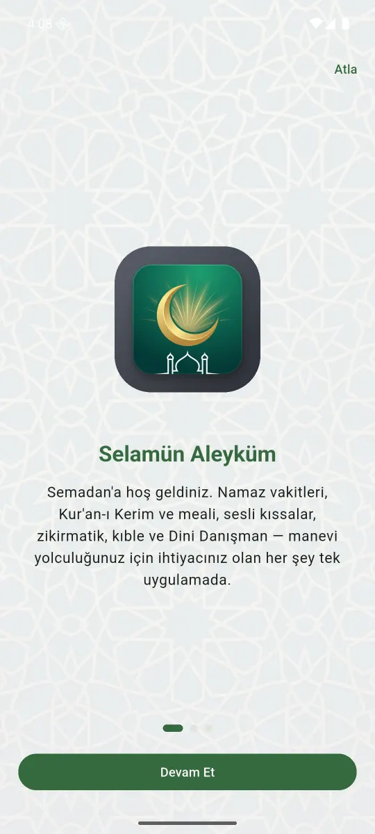 Semadan'ın karşılama ekranı: hilal simgesi ve “Selamün Aleyküm” başlığı altında uygulamanın kısa tanıtımı